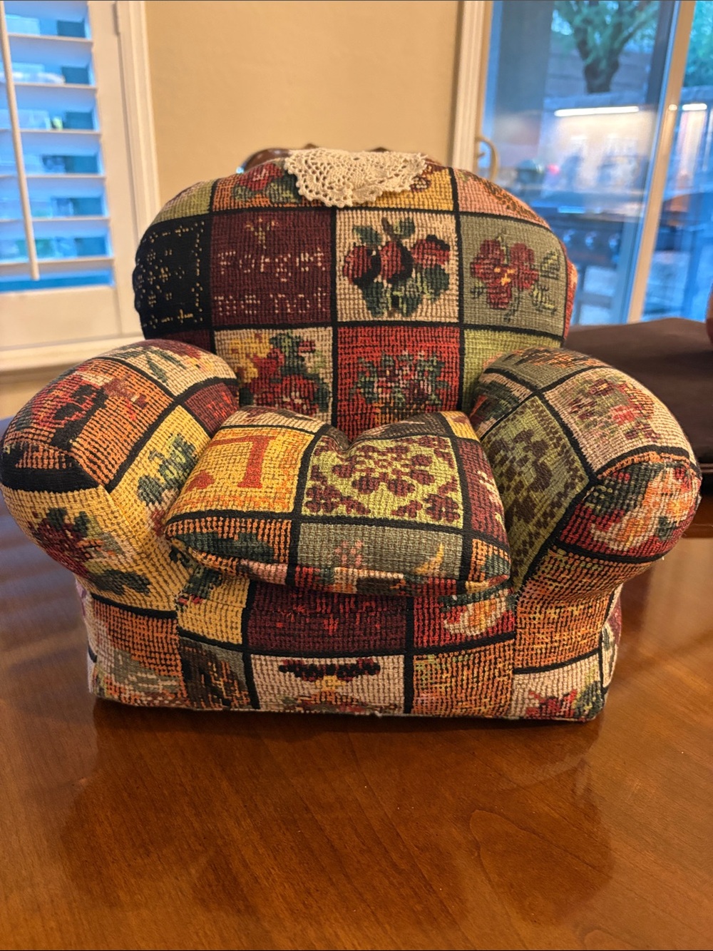 1992 VTG Patchwork Tapestry Mini Accent Chair for Dolls by Kristine & Ann’s